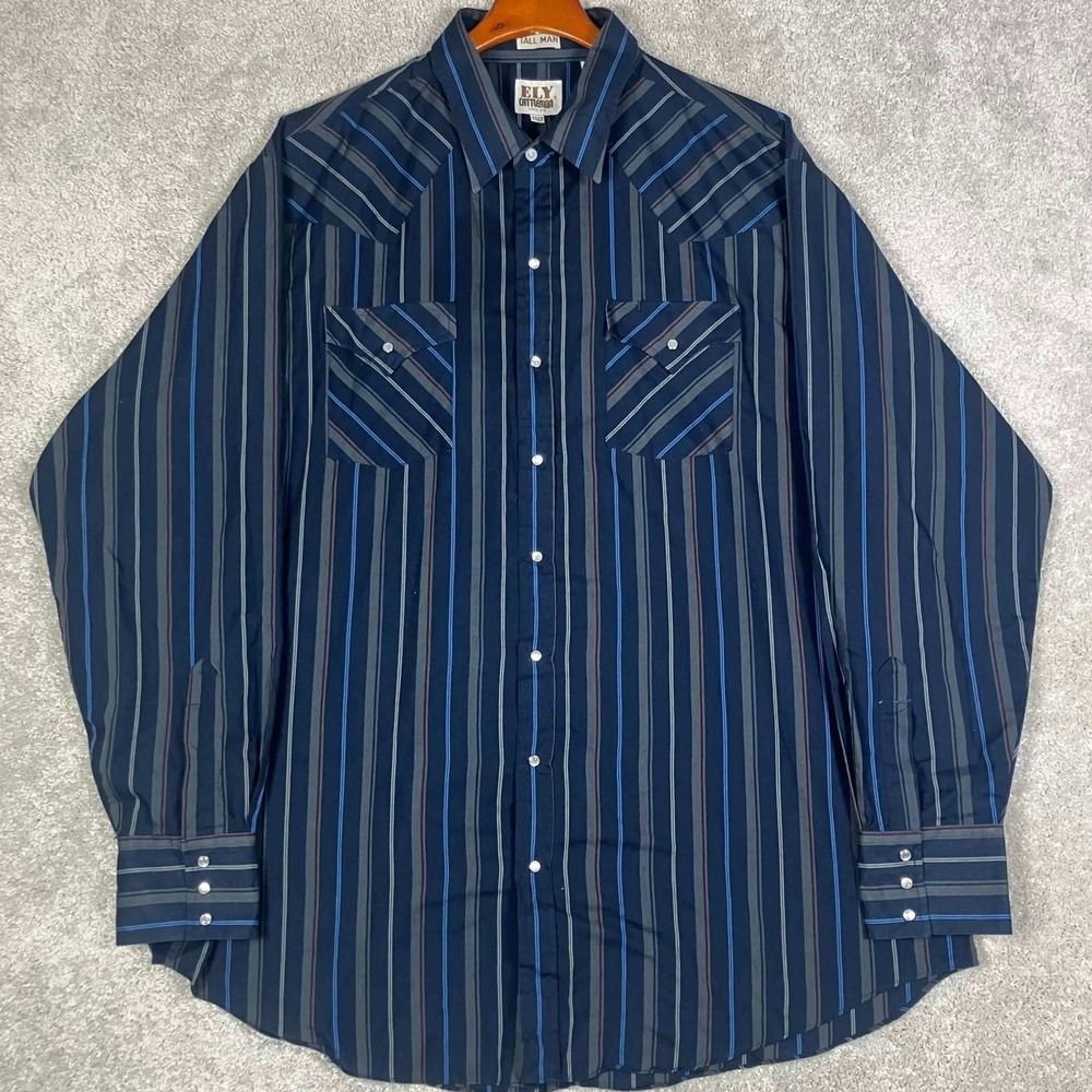 Ely Cattleman Western Shirt Mens XXLT Blue Striped Pearl Snap Long Sleeve Tall